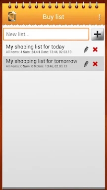 Shopping list screenshots