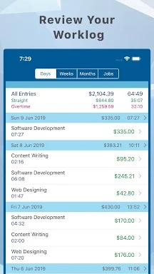Hours and Pay Tracker: TimeLog screenshots